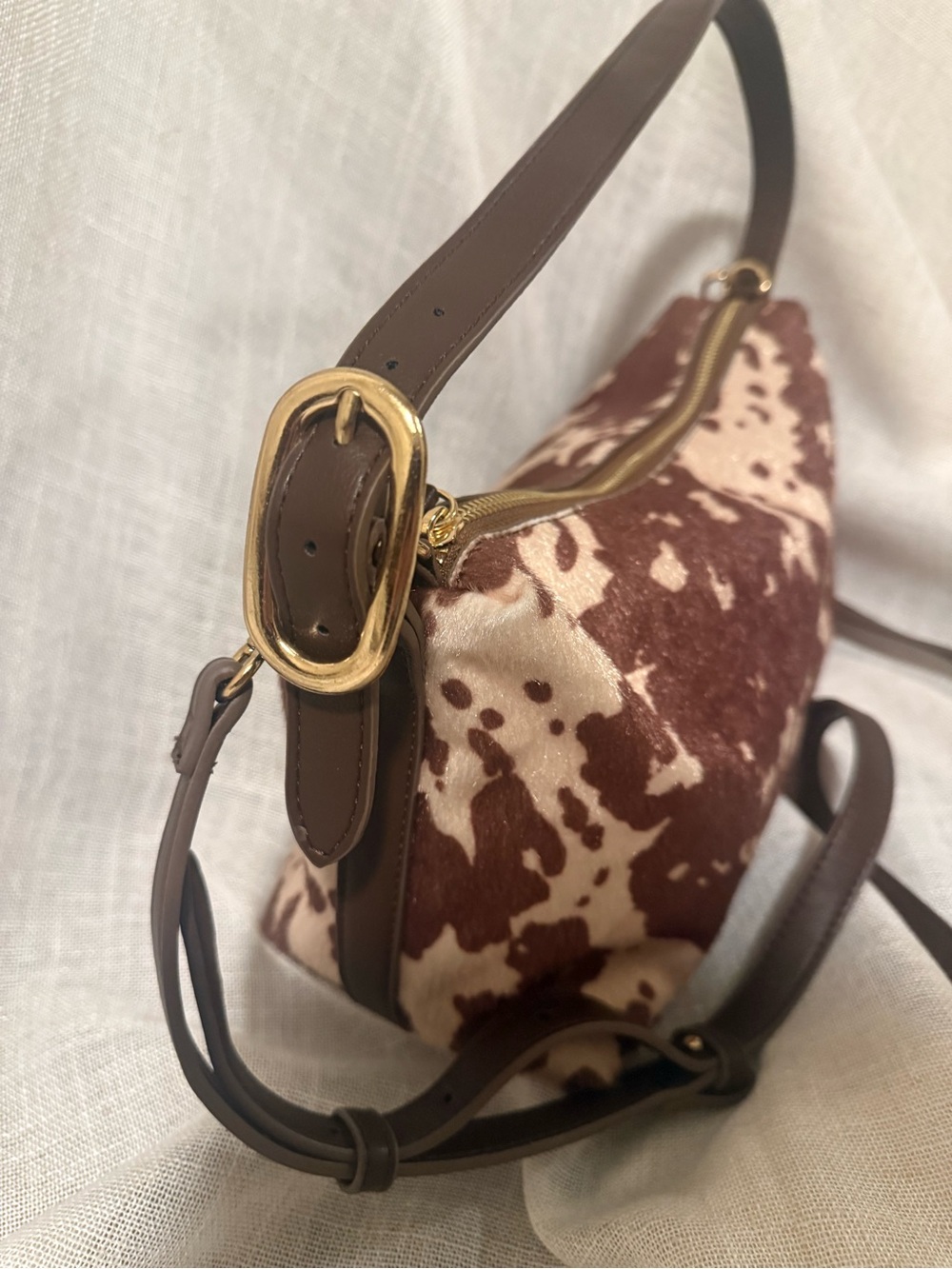 Brown and Cream Faux Cowhide Shoulder Bag - Women Bags - Used Once - Picture 4 of 6